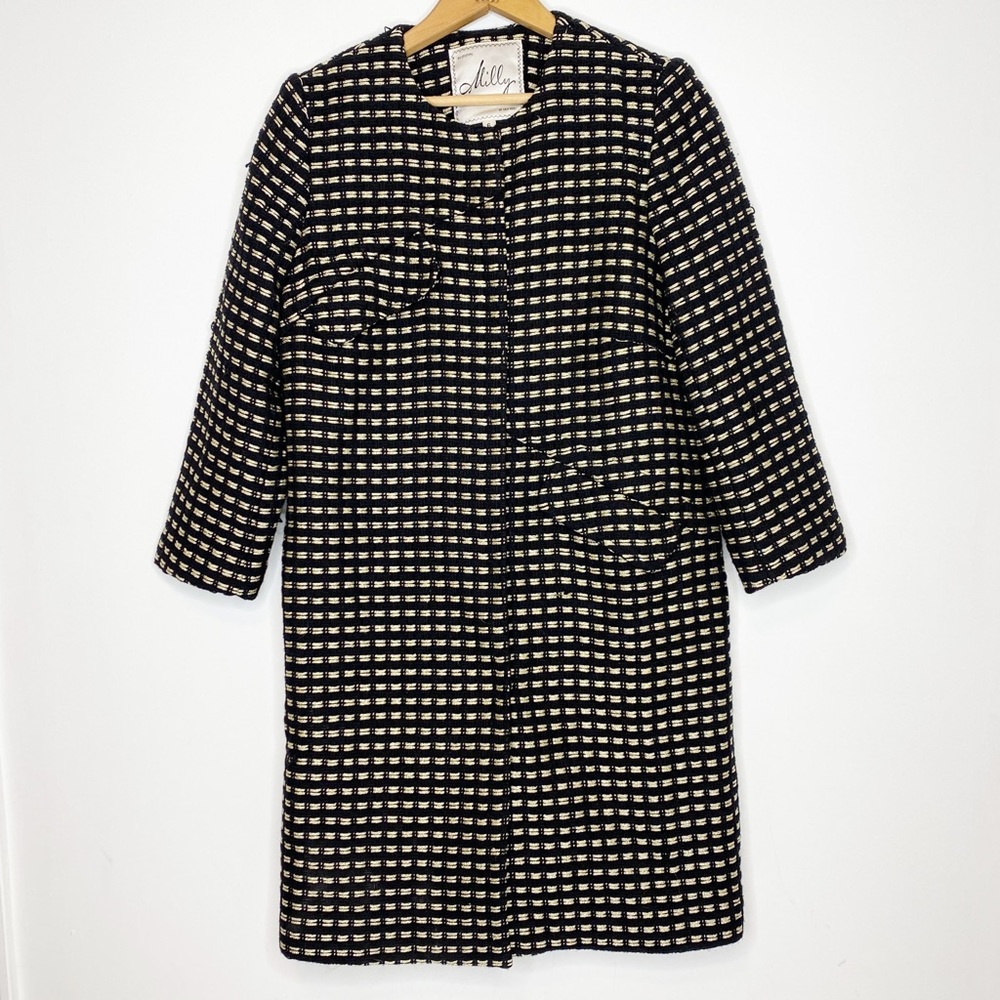 Milly New York size 6 Long Coat Black Gold Woven Houndstooth Wool